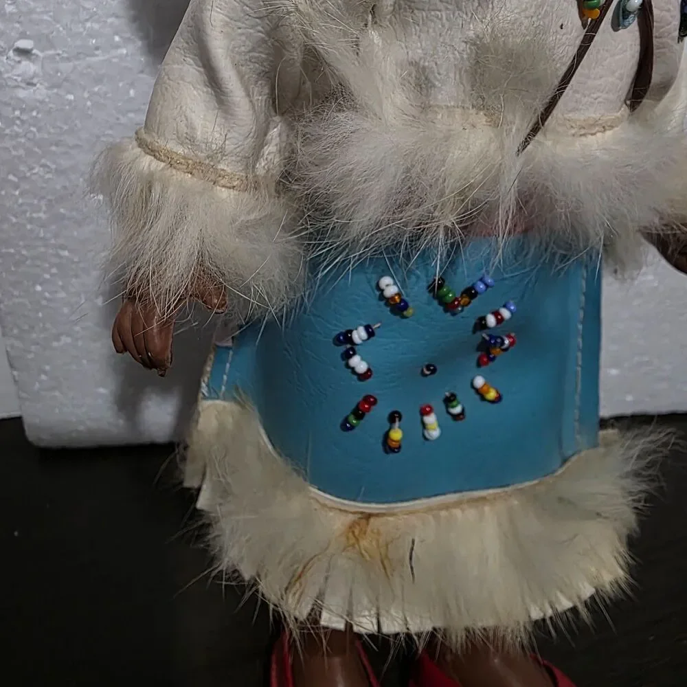 Vtg Native American Doll Holing Baby  Vynyl Hard Plastic Leather Fur Accent suit